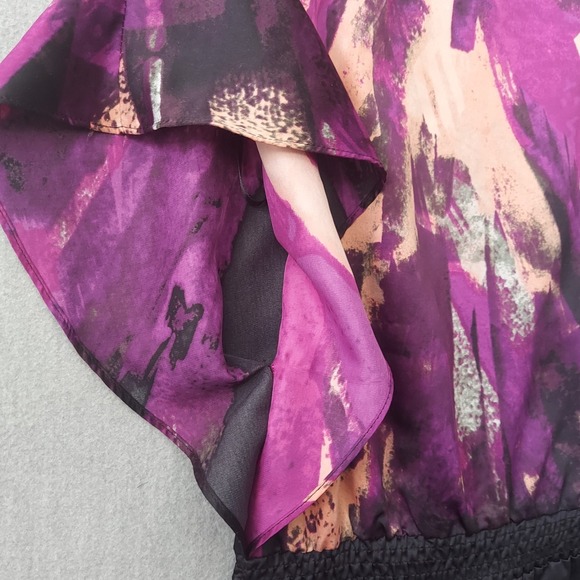 Rampage Satin Faux Wrap Top S Purple Black Boho Y2K Flutter Sleeve Smocked Waist - Picture 7 of 16